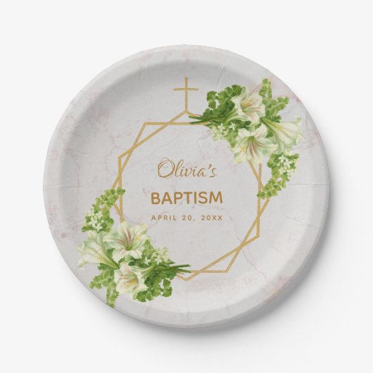 Girl Baptisse Floral Lilies Gold Marble Geometric Pappteller (Vorderseite)