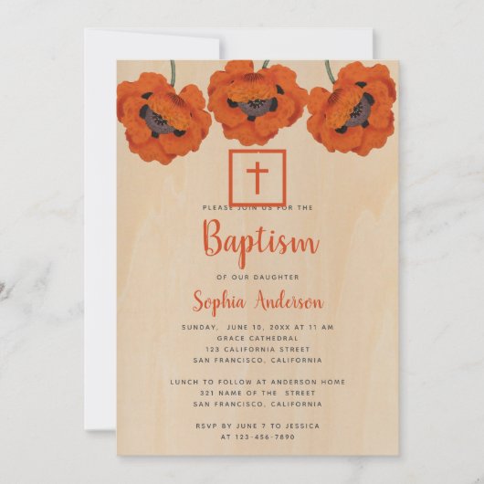 Girl Baptisse Rustic Red Poppies Brown Wood Script Einladung (Vorderseite)
