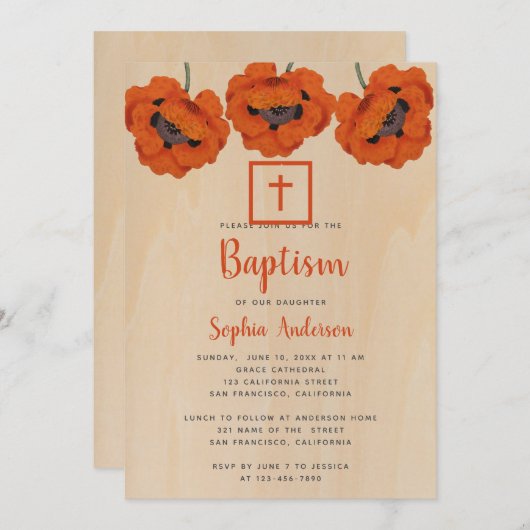 Girl Baptisse Rustic Red Poppies Brown Wood Script Einladung (Vorne/Hinten)