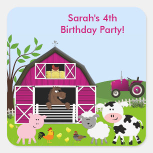 Girl Barnyard Farm Animals Geburtstagsticker Quadratischer Aufkleber