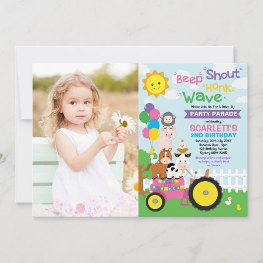 Girl Barnyard Farm Drive by Birthday Party Parade Einladung (Vorderseite)