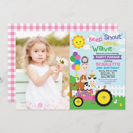 Girl Barnyard Farm Drive by Birthday Party Parade Einladung (Vorne/Hinten)