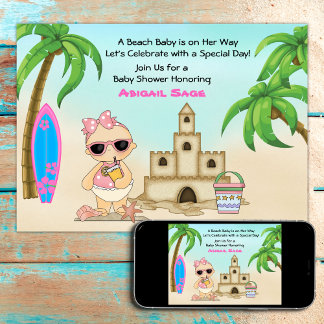 Girl Beach Baby Sandcastle in Surfboard Babydusche Einladung