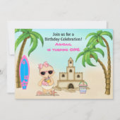 Girl Beach Baby Sandcastle, Surfboard 1. Geburtsta Einladung (Vorderseite)