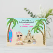 Girl Beach Baby Sandcastle, Surfboard 1. Geburtsta Einladung (Stehend Vorderseite)