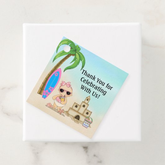 Girl Beach Baby Sandcastle, Surfboard Babydusche Geschenkanhänger (Beispiel)