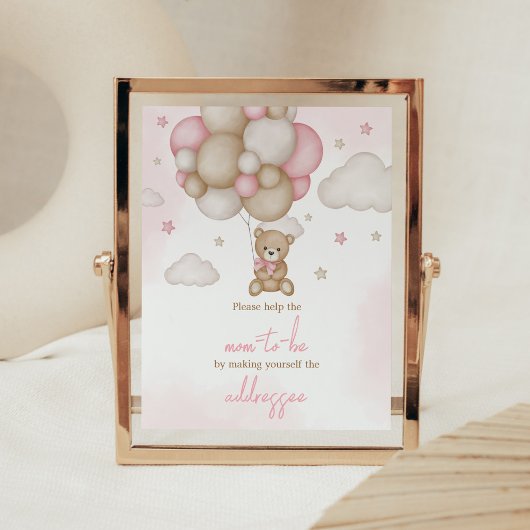 Girl Bear Balloon Baby Shower Envelope Station Poster