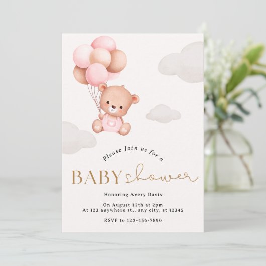 Girl Bear mit Balloons Babydusche Einladung (Stehend Vorderseite)