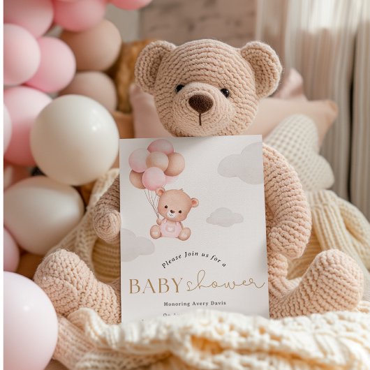 Girl Bear mit Balloons Babydusche Einladung