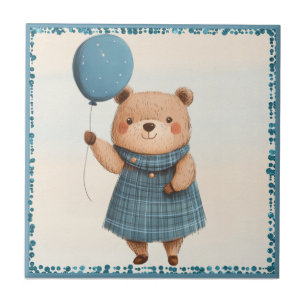 Girl Bear mit blauem Karierten Kleid und Ballon Fliese