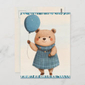 Girl Bear mit blauem Karierten Kleid und Ballon Postkarte (Vorne/Hinten)