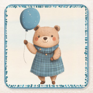 Girl Bear mit blauem Karierten Kleid und Ballon Rechteckiger Pappuntersetzer