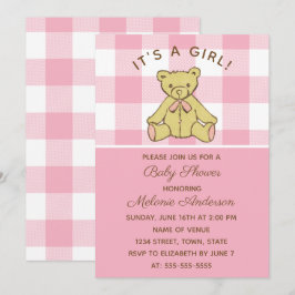 Girl Bear Pink Baby Dusche Einladung