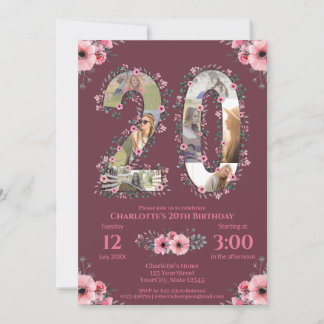 Girl Big 20. Geburtstag Foto Collage Pink Blume Einladung