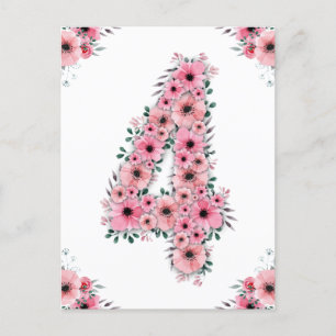 Girl Big 4th Birthday Pink Blume Green Folies Postkarte