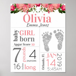 Girl Birth Stat Sign Pink Floral Footprint USA Poster