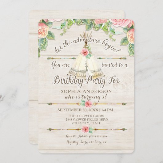 Girl Birthday Adventure BOHO Teepee Arrow Wood Einladung (Vorne/Hinten)