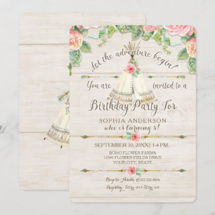 Girl Birthday Adventure BOHO Teepee Arrow Wood Einladung