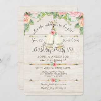 Girl Birthday Adventure BOHO Teepee Arrow Wood Einladung