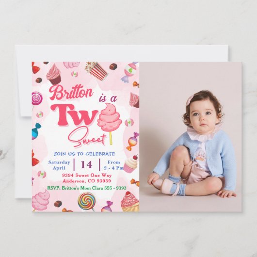 Girl Birthday Candy Two Sweet Party Einladung (Vorderseite)