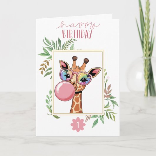 Girl Birthday Giraffe Rainbow Glasses Bubble Niedl Karte (Vorderseite)