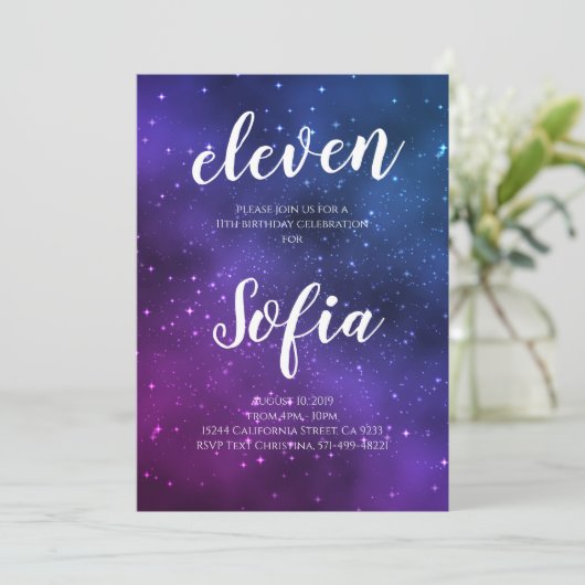 Girl Birthday Lila Stars Galaxy Universe Einladung (Stehend Vorderseite)