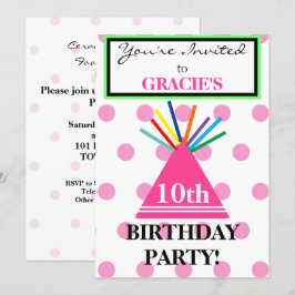 Girl Birthday Party Hat Pink Polka Dots Einladung