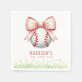Girl Birthday Personalized Pink Baseball Bow Serviette