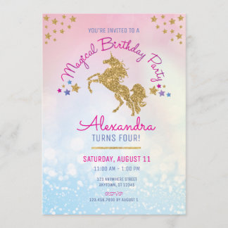 Girl Birthday Pink Gold Unicorn Glitter Invitation Einladung