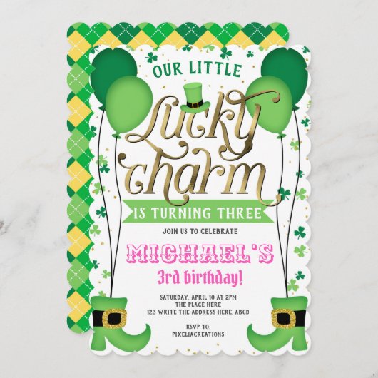 Girl Birthday, St Patrick's Day, Lucky Charm Einladung (Vorne/Hinten)