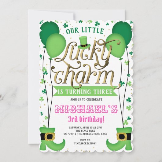Girl Birthday, St Patrick's Day, Lucky Charm Einladung (Vorderseite)