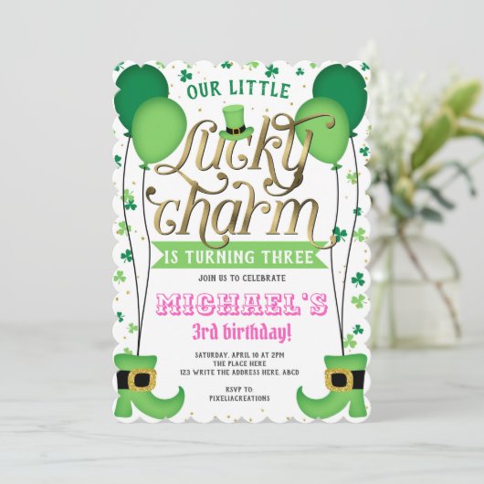 Girl Birthday, St Patrick's Day, Lucky Charm Einladung (Stehend Vorderseite)