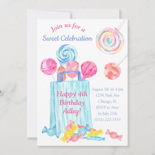 Girl Birthday Watercolor Candy Sweet Birthday Einladung (Vorderseite)