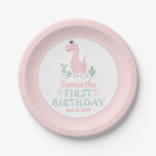 Girl Birthday Watercolor Pink & Türkis Dinosaurier Pappteller