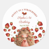 Girl Birthday Watercolor Strawberry Red Ribbon Runder Aufkleber (Vorderseite)