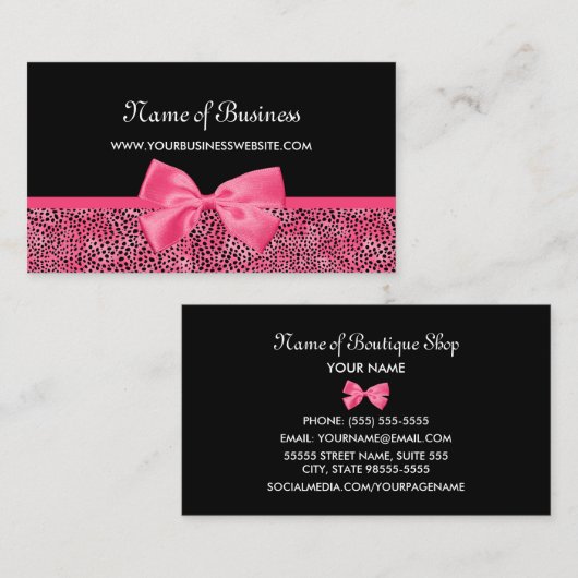 Girl Black and Pink Cheetah Print Niedlich Ribbon Visitenkarte (Vorne/Hinten)