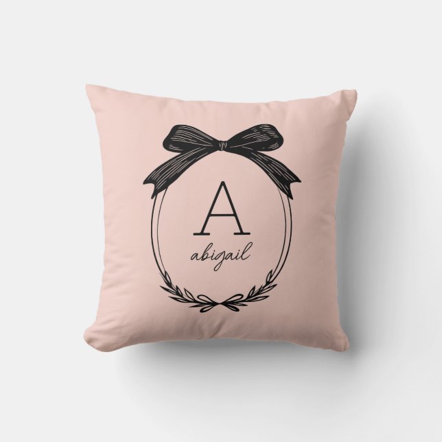 Girl Black Bow Modernes Script Blush Pink Monogram Kissen (Vorderseite)