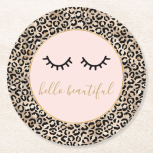 Girl Black Eyelashes Gold Glam Leopard Print Runder Pappuntersetzer