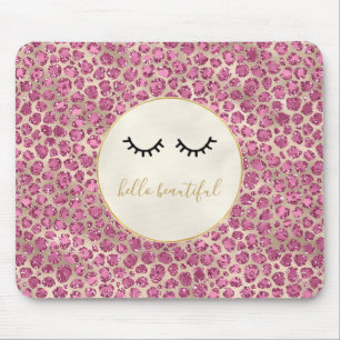 Girl Black Eyelashes Gold Pink Leopard Print Mousepad