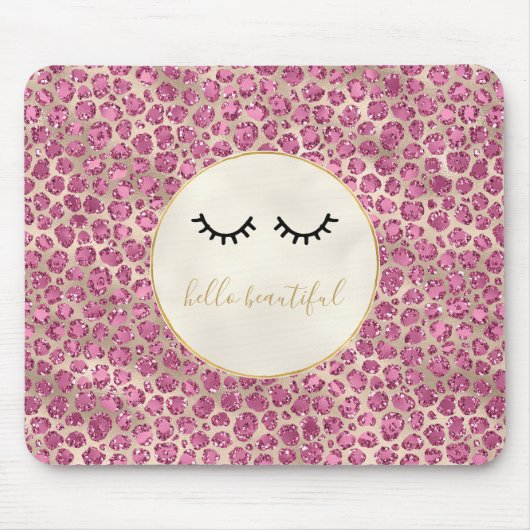 Girl Black Eyelashes Gold Pink Leopard Print Mousepad (Vorne)