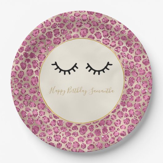 Girl Black Eyelashes Gold Pink Leopard Print Pappteller (Vorderseite)