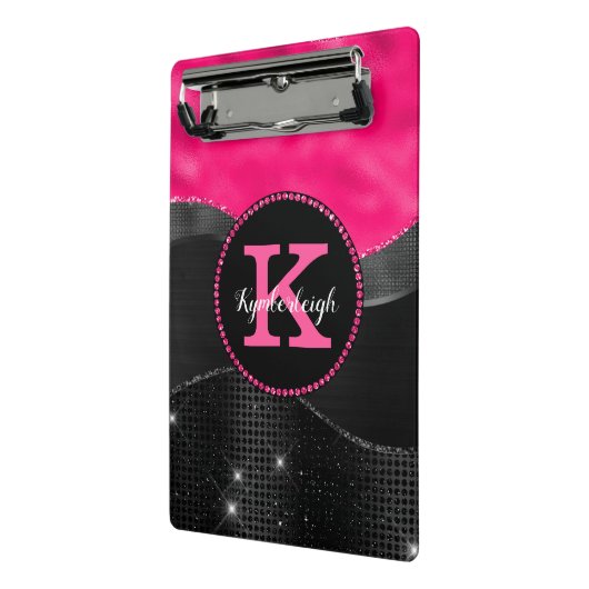 Girl Black Grey Hot Pink Waves Glam Monogram Name Mini Klemmbrett (Gewinkelt2)