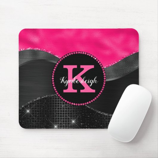 Girl Black Grey Hot Pink Waves Glam Monogram Name Mousepad (Mit Mouse)