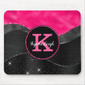 Girl Black Grey Hot Pink Waves Glam Monogram Name Mousepad (Vorne)