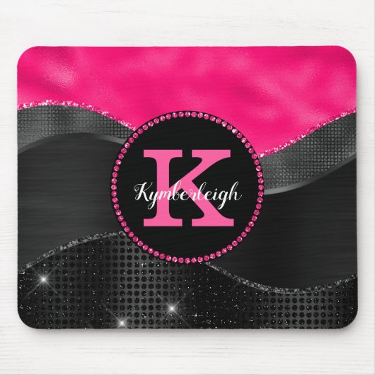 Girl Black Grey Hot Pink Waves Glam Monogram Name Mousepad (Vorne)
