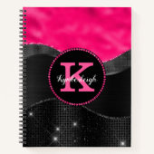 Girl Black Grey Hot Pink Waves Glam Monogram Name Notizblock (Vorderseite)