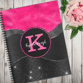 Girl Black Grey Hot Pink Waves Glam Monogram Name Notizblock