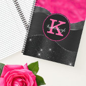 Girl Black Grey Hot Pink Waves Glam Monogram Name Notizblock