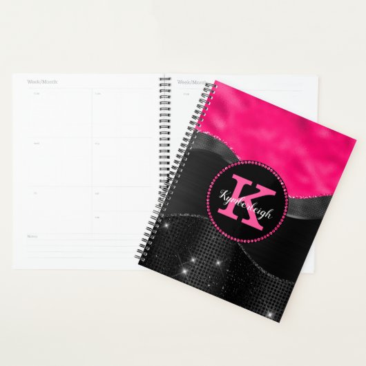 Girl Black Grey Hot Pink Waves Glam Monogram Name Planer (Anzeige)
