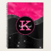 Girl Black Grey Hot Pink Waves Glam Monogram Name Planer (Vorderseite)
